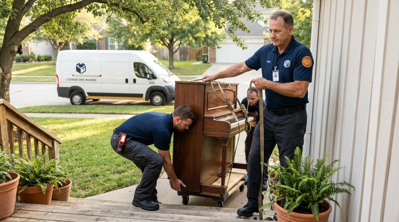 Licensed piano movers securing grand piano in Vandalia, MO