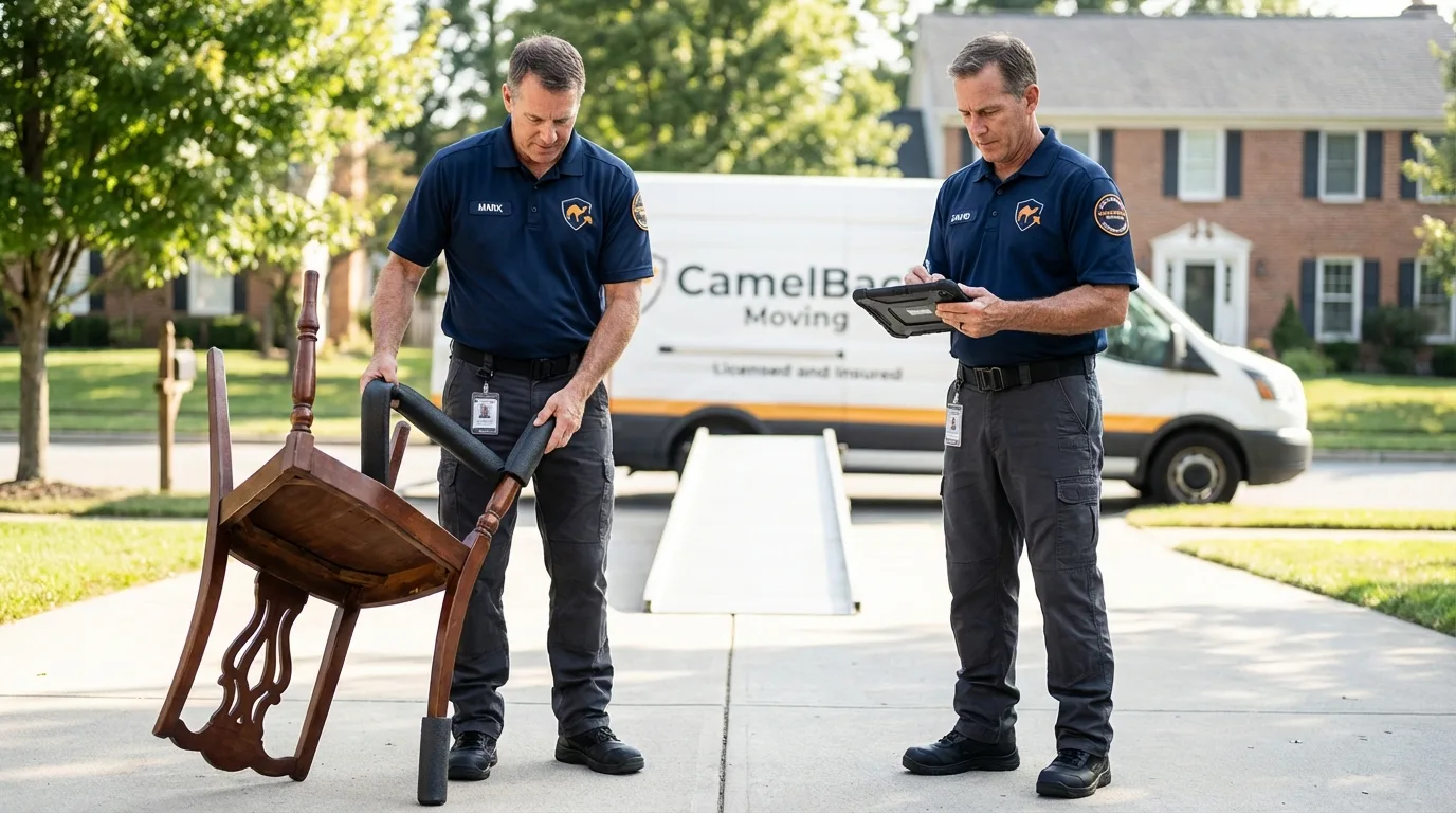 Movers inspecting furniture for damage prevention before loading in Vandalia, MO